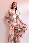 Gazab by Miku Kumar_Multi Color Linen Printed Floral Lapel Parc De Paris Trench Jacket With Pant _at_Aza_Fashions