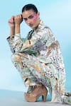 Gazab by Miku Kumar_Multi Color Linen Printed Animal Montmartre Magic Paris Trench Jacket With Pant _at_Aza_Fashions