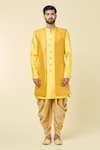 Shop_Aryavir Malhotra_Yellow Kurta And Jacket Silk Embroidered Sequin Geometric Peshawari Pant Set _Online_at_Aza_Fashions