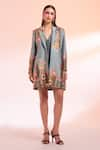 Buy_Gazab by Miku Kumar_Blue Chanderi Silk Printed Floral Cactus Jacket Lapel Collar Dress And Set _Online_at_Aza_Fashions