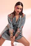 Shop_Gazab by Miku Kumar_Blue Chanderi Silk Printed Floral Cactus Jacket Lapel Collar Dress And Set _Online_at_Aza_Fashions