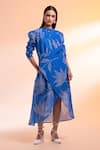 Buy_Gazab by Miku Kumar_Blue Dress Kota Doriya Mal Printed Foliage Flat Collar Patron Saint High-low _at_Aza_Fashions