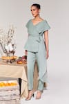 Buy_House of Zeniaa_Green Crinkled Organza V Neck High Tea Overlap Top And Pant Co-ord Set _at_Aza_Fashions