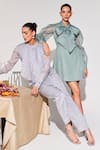 House of Zeniaa_Grey Crinkled Organza High Round Modish Cotton Panelled Top And Pant Co-ord Set _at_Aza_Fashions