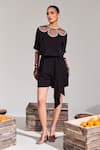 Buy_House of Zeniaa_Black Soft Crepe Embroidered Round Heliey Cutout Romper _at_Aza_Fashions