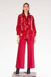 Buy_House of Zeniaa_Maroon Organza Collared Cherry Sheer Shirt And Pant Set _Online_at_Aza_Fashions