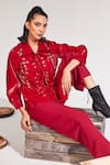 Shop_House of Zeniaa_Maroon Organza Collared Cherry Sheer Shirt And Pant Set _Online_at_Aza_Fashions