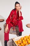 House of Zeniaa_Maroon Organza Collared Cherry Sheer Shirt And Pant Set _at_Aza_Fashions