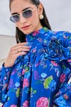 Buy_House of Zeniaa_Blue Georgette Print Floral Band Collar Bloom Applique Embellished Top _Online_at_Aza_Fashions