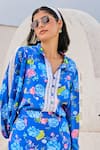 Buy_House of Zeniaa_Blue Cotton Muslin Print Iris Bloom Collar Neck Top With Shorts _Online_at_Aza_Fashions