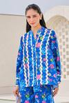 Buy_House of Zeniaa_Blue Butter Crepe Print Botanic Flora Mandarin Collar Top _at_Aza_Fashions