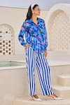 Buy_House of Zeniaa_Blue Organza Print Botanic Fleur Collar Neck Shirt Pant Set _at_Aza_Fashions