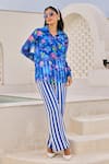 Buy_House of Zeniaa_Blue Organza Print Botanic Fleur Collar Neck Shirt Pant Set _Online_at_Aza_Fashions