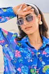 House of Zeniaa_Blue Organza Print Botanic Fleur Collar Neck Shirt Pant Set _at_Aza_Fashions