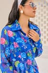 Buy_House of Zeniaa_Blue Organza Print Botanic Fleur Collar Neck Shirt Pant Set 