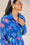 Shop_House of Zeniaa_Blue Organza Printed Floral Collared Shirt With Bustier _Online_at_Aza_Fashions