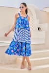 Buy_House of Zeniaa_Blue Butter Crepe Printed Floral Square And Stripe Tiered Dress _Online_at_Aza_Fashions