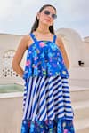 House of Zeniaa_Blue Butter Crepe Printed Floral Square And Stripe Tiered Dress _at_Aza_Fashions