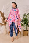 House of Zeniaa_Pink Butter Crepe Printed Floral Band Collar Asymmetric Kaftan Top And Pant Set _Online_at_Aza_Fashions