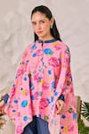 Shop_House of Zeniaa_Pink Butter Crepe Printed Floral Band Collar Asymmetric Kaftan Top And Pant Set _Online_at_Aza_Fashions