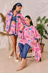 Buy_House of Zeniaa_Pink Butter Crepe Printed Floral Band Collar Asymmetric Kaftan Top And Pant Set 