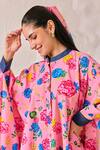 House of Zeniaa_Pink Butter Crepe Printed Floral Band Collar Kaftan Top _Online_at_Aza_Fashions