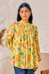 Shop_House of Zeniaa_Yellow Georgette Printed Floral High Round Top And Denim Pant Set _Online_at_Aza_Fashions