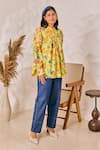 House of Zeniaa_Yellow Georgette Printed Floral High Round Top And Denim Pant Set _at_Aza_Fashions