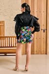 Shop_House of Zeniaa_Black Organza Printed Floral Tie-up Ruffled Top And Skort Set _at_Aza_Fashions