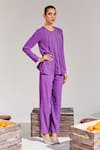 House of Zeniaa_Purple Soft Crepe Embellished Rhinestone Round Limelight Top With Pant _at_Aza_Fashions