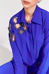 House of Zeniaa_Blue Soft Crepe Embellished Bead Shirt Collar Abstract Cut-out _Online_at_Aza_Fashions