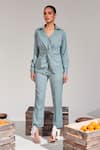 Buy_House of Zeniaa_Blue Textured Georgette Embellished Pearl Shirt Knotted Placed With Pant _at_Aza_Fashions