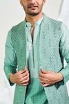 Soniya G_Green Handmade Silk Embroidery Thread Jodhpuri Jacket And Kurta Set _Online_at_Aza_Fashions