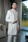 Shop_Soniya G_Ivory Silk Embroidery Floral Hand Sherwani And Pant Set _Online_at_Aza_Fashions