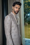 Buy_Soniya G_Grey Silk Embroidery Floral Tonal Hand Sherwani And Pant Set 