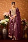 Shop_Shyam Narayan Prasad_Purple Viscose Silk Brocade Embroidery Floral U Neck Zardozi Anarkali Pant Set 