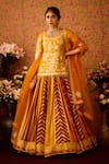 Buy_Shyam Narayan Prasad_Yellow Viscose Silk Brocade Woven Floral Round Neck Yam Tunic And Lehenga Set _at_Aza_Fashions