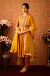 Shop_Shyam Narayan Prasad_Yellow Viscose Silk Brocade Embroidery Floral Round Hand Pleated Kurta Pant Set _at_Aza_Fashions