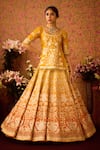 Buy_Shyam Narayan Prasad_Yellow Raw Silk Applique Abstract Floral Round Neck Ombre Lehenga Tunic Set _Online_at_Aza_Fashions