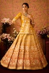 Shop_Shyam Narayan Prasad_Yellow Raw Silk Applique Abstract Floral Round Neck Ombre Lehenga Tunic Set _at_Aza_Fashions