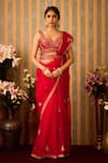 Shop_Shyam Narayan Prasad_Red Viscose Silk Embroidery Floral Sweetheart Butti Pattern Saree And Blouse Set _at_Aza_Fashions