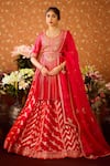 Buy_Shyam Narayan Prasad_Red Viscose Silk Brocade Embroidery Floral Round Neck Chevron Panel Lehenga Set _at_Aza_Fashions