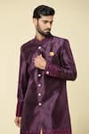 Arihant Rai Sinha_Wine Sherwani Jacquard Embroidered Thraedwork Border With Peshawari Pant _at_Aza_Fashions