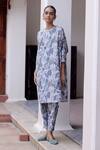 Vaayu_Blue Muslin, Cotton Boat Neck Leaf Print Kurta And Pant Set_Online_at_Aza_Fashions