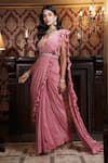 Shop_Surabhi Arya_Pink Crepe Embroidered Pearl Embellished Pre-draped Ruffle Saree With Blouse _Online_at_Aza_Fashions