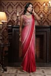 Shop_Surabhi Arya_Red Crepe Satin Embroidered Ombre Pre-draped Saree With Embellished Blouse _Online_at_Aza_Fashions