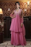 Buy_Surabhi Arya_Pink Anarkali And Sharara Georgette Embroidered Sequin V-neck Floral Vine Set _at_Aza_Fashions