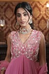 Surabhi Arya_Pink Anarkali And Sharara Georgette Embroidered Sequin V-neck Floral Vine Set _Online_at_Aza_Fashions