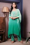 Buy_Surabhi Arya_Green Kaftan Georgette Embroidered Sequin Kaftan Asymmetric Ombre With Pant _at_Aza_Fashions