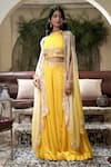 Buy_Surabhi Arya_Yellow Cape Organza Embroidery Thread Jashn Bahar Ombre Dyed And Sharara Set _at_Aza_Fashions